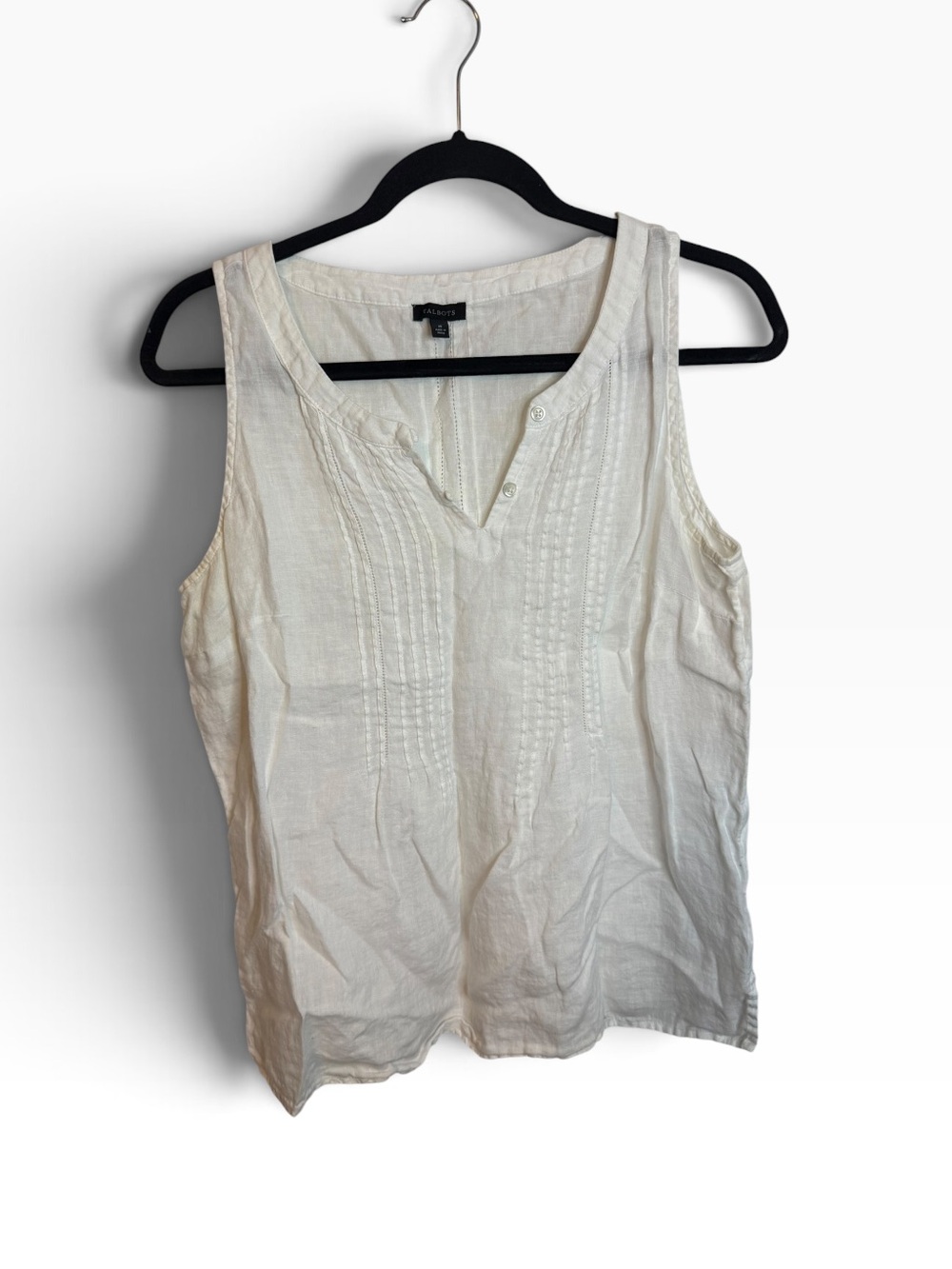 Talbots White Linen Split Neck Coastal Pleated Sleeveless Top